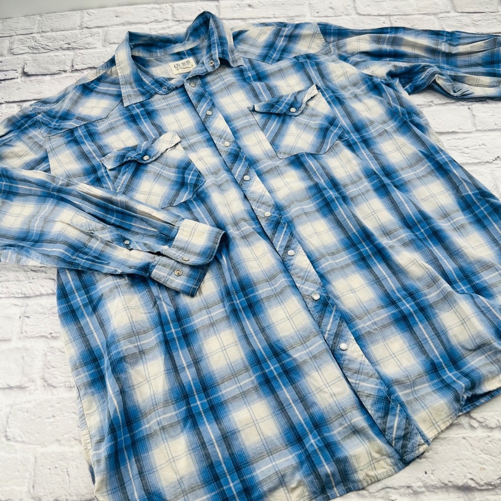626 Blue Mens 3XL LT Pearl Snap Blue Plaid Button Up Shirt Long Sleeve Cotton